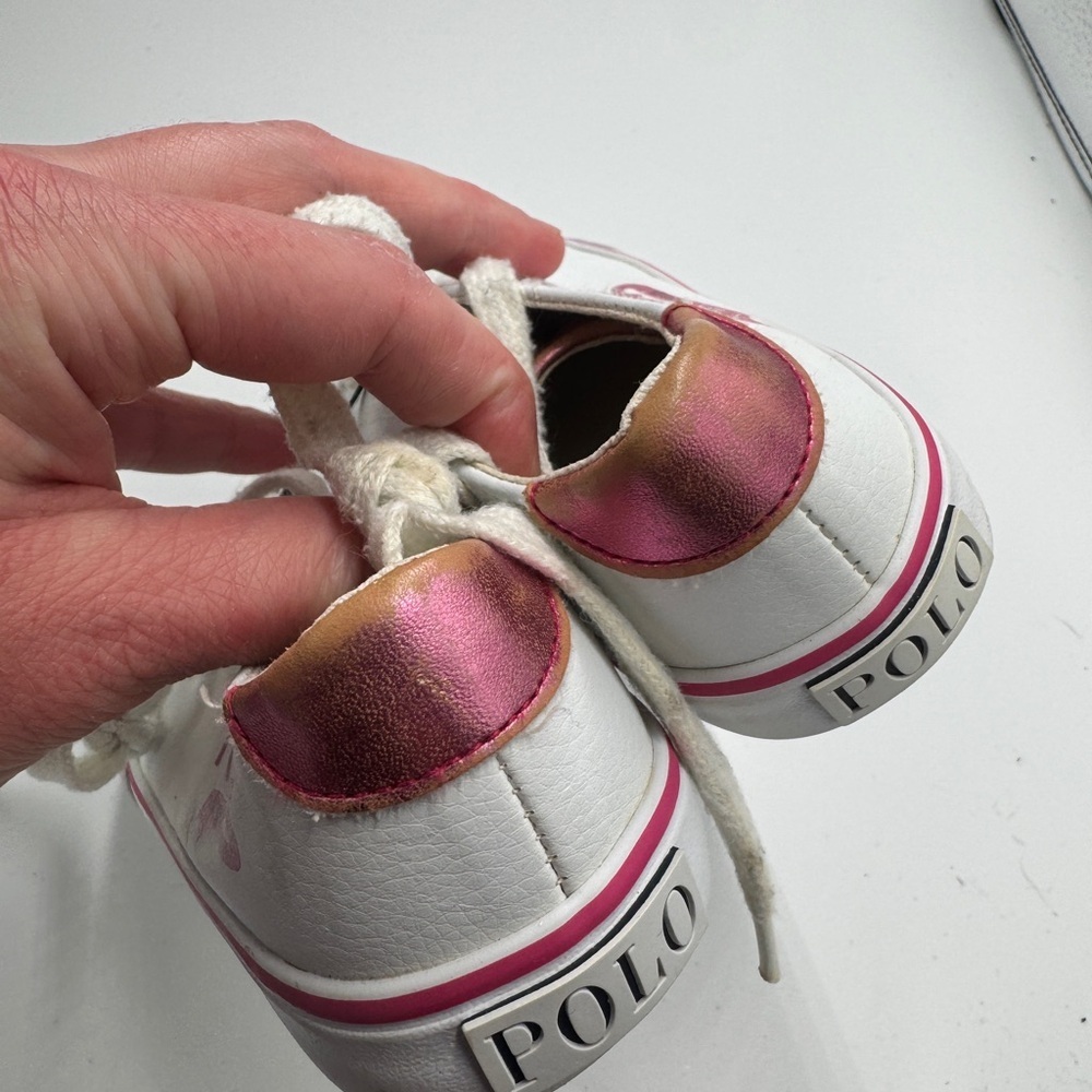Polo by Ralph Lauren Toddler Girl Size 10 Kids White Sneakers with Pink Accents - Picture 9 of 11